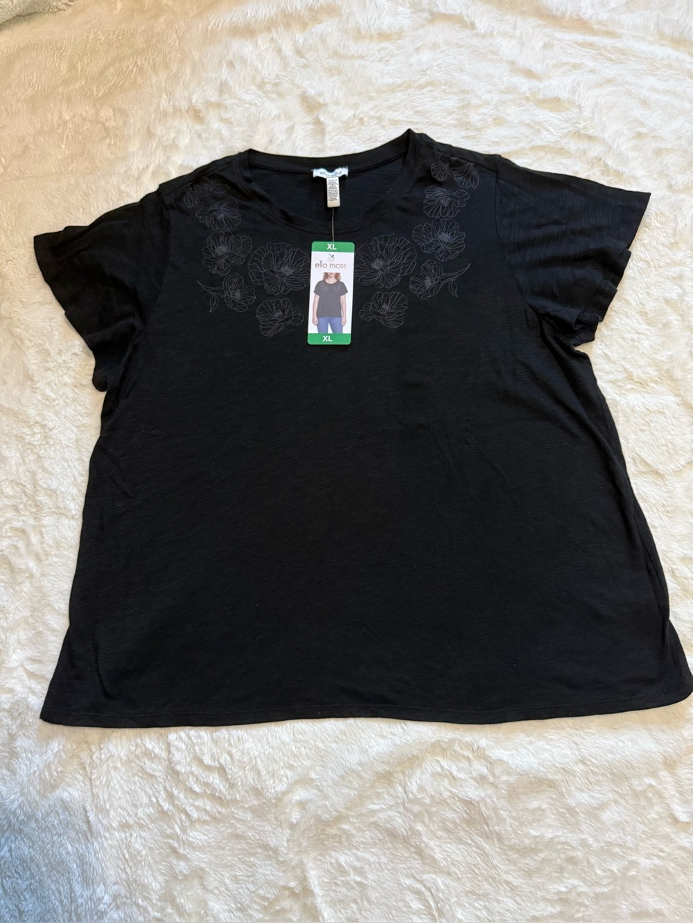 NWT Ella Moss Women's Short Sleeve Embroidered Top Black XL